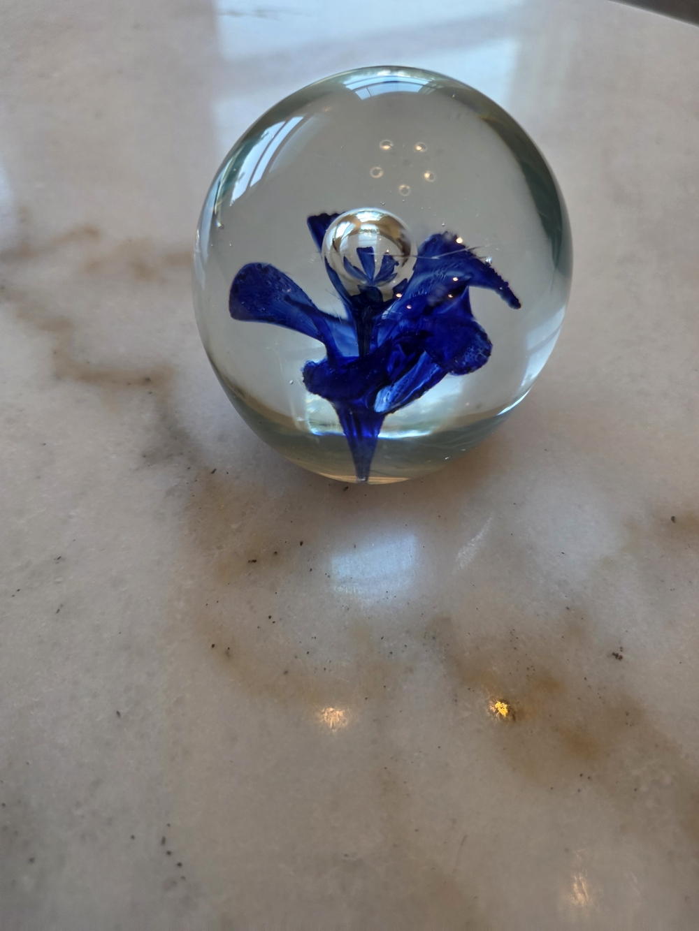 Source Unknown Handblown Glass Paperweight with Deep Blue Flower